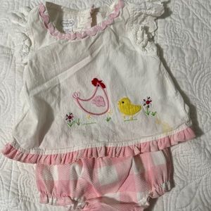 Mud pie. 6-9 months. Pink Chicken outfit.